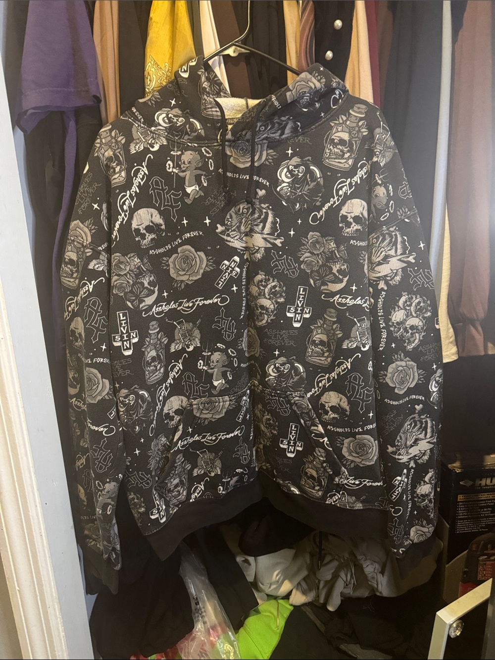 Black Graphic Hoodie with All-Over Skull & Rose Print worn 2x
